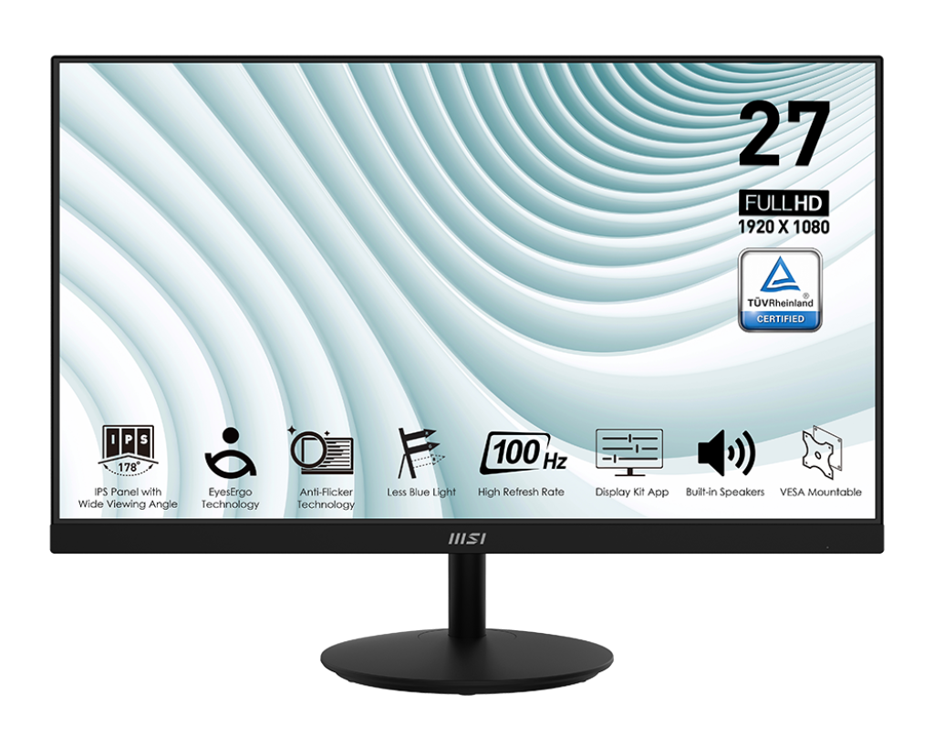 MSI PRO MP271A 27” Full HD Business Monitor – 1920×1080, 75Hz, IPS Panel, Eye Comfort, Anti-Flicker, Low Blue Light, HDMI, VGA, VESA Mount, Tilt Stand – Black