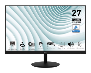 MSI PRO MP271A 27” Full HD Business Monitor – 1920×1080, 75Hz, IPS Panel, Eye Comfort, Anti-Flicker, Low Blue Light, HDMI, VGA, VESA Mount, Tilt Stand – Black