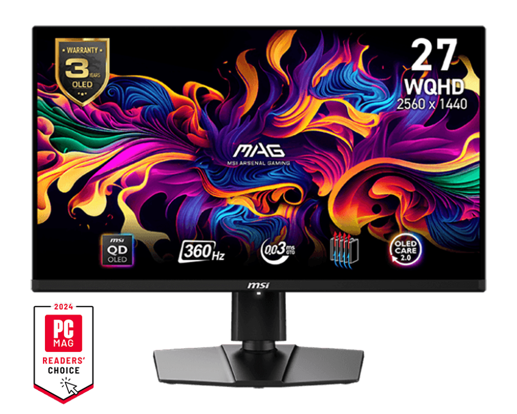 MSI MAG 271QPX QD-OLED 26.5” QHD Gaming Monitor – 2560×1440, 240Hz, 0.03ms (GtG), QD-OLED Panel, VESA DisplayHDR True Black 400, NVIDIA G-SYNC Compatible, USB-C, HDMI, DP, Adjustable Stand, VESA Mount – Black