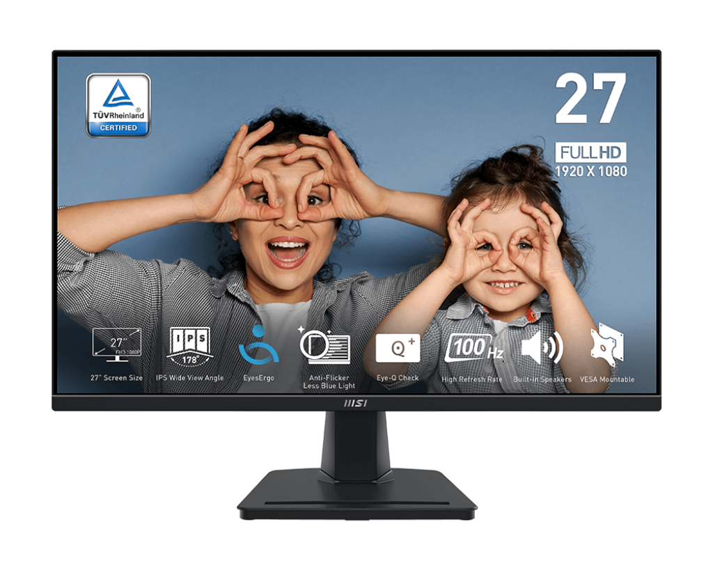 MSI PRO MP275 27” Full HD Business Monitor – 1920×1080, 75Hz, IPS Panel, Eye Comfort Certified, Anti-Flicker, Low Blue Light, HDMI, VGA, VESA Mount, Tilt Stand – Black