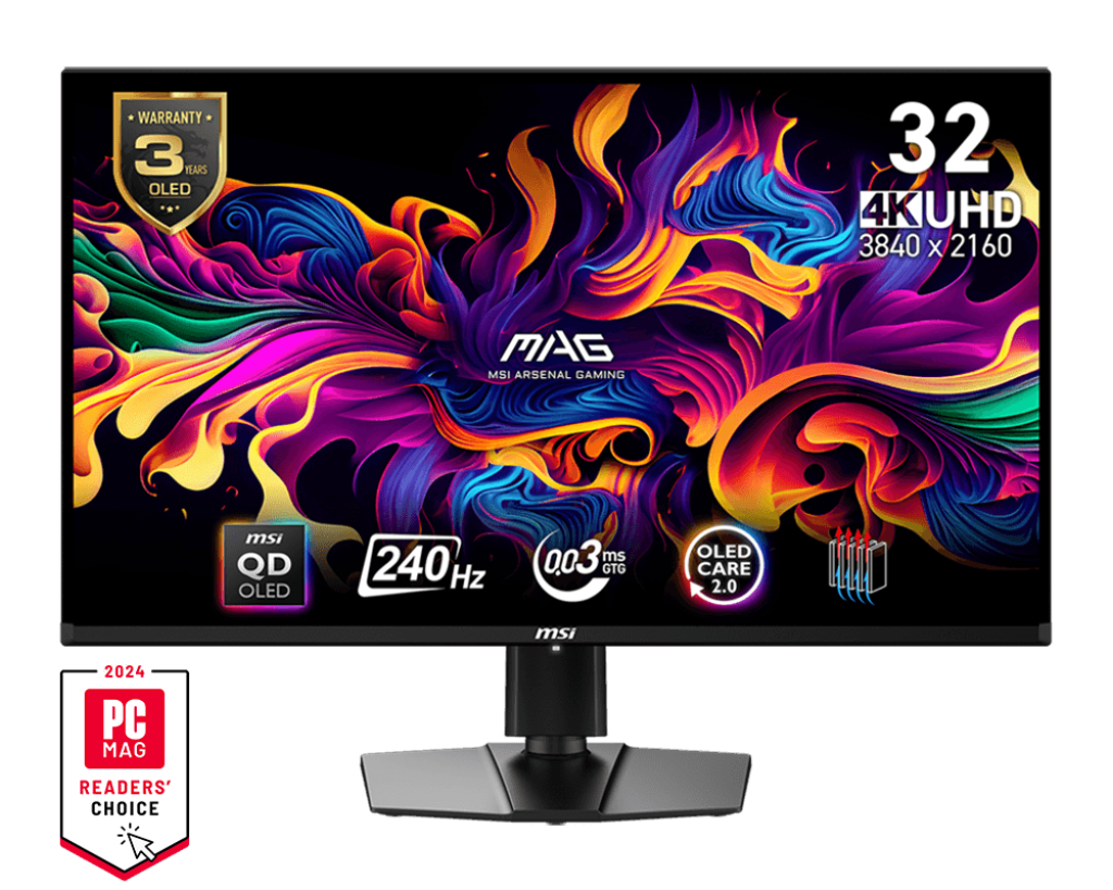MSI MAG 321UPX QD-OLED 31.5” 4K QD-OLED Gaming Monitor – 3840×2160, 240Hz, 0.03ms GtG Response Time, Adaptive‑Sync, HDMI 2.1 x2, DisplayPort 1.4, USB‑C, DisplayHDR True Black 400, VESA Mount – Metallic Black