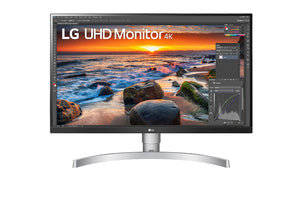 LG UltraFine 27UN83A-W 27” 4K UHD IPS Monitor – 3840×2160, HDR10, sRGB 99%, USB-C, HDMI, DisplayPort, Height/Pivot/Tilt Adjustable Stand, VESA Mount – White/Silver