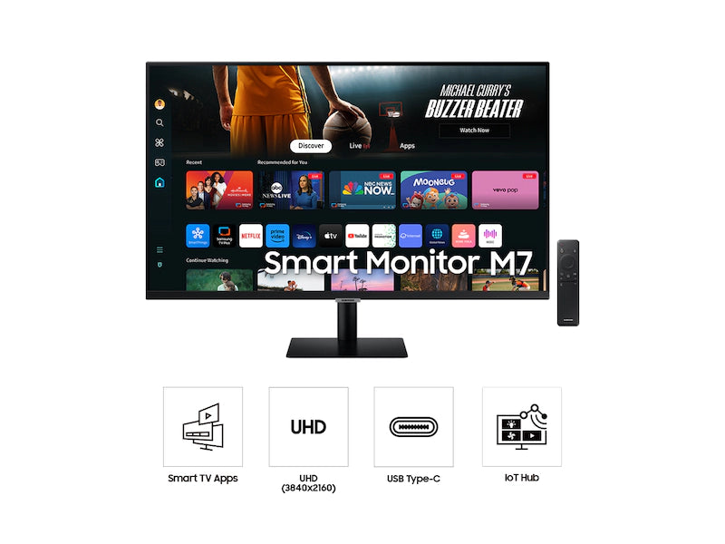 SAMSUNG 32-Inch M7 60 hz (M70D) Series 4K UHD Smart Monitor with Streaming TV, Speakers, HDR10, USB-C, Multiple Ports, Gaming Hub, SolarCell Remote, Vision Accessibility Tools, LS32DM702UNXGO