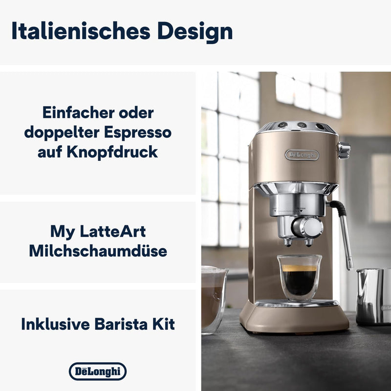 De'Longhi Dedica Arte EC 885.BG, Espresso Machine with MyLatteArt Steam Wand, Compact Design, 15 cm Wide, 1 L Water Tank