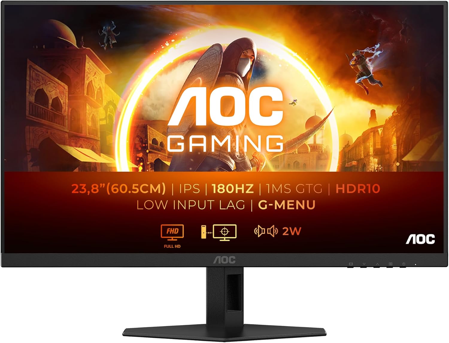 AOC Gaming 24G4XED 24” Full HD 180Hz IPS Gaming Monitor – 1920×1080, 1ms GtG, Adaptive Sync, 119% sRGB, Ultra-Slim Frameless Design, HDMI 2.0, DP 1.4, Low Input Lag, VESA Mount – Black