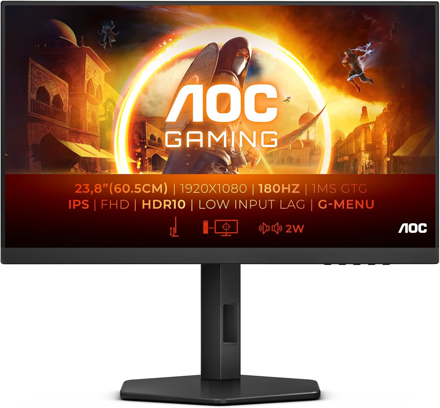 AOC Gaming 24G4X 24” Full HD 180Hz IPS Gaming Monitor – 1920×1080, 1ms GtG, Adaptive Sync, 119% sRGB, 3-Side Frameless, Low Input Lag, HDMI 2.0, DisplayPort 1.4, VESA Mount – Black/Red
