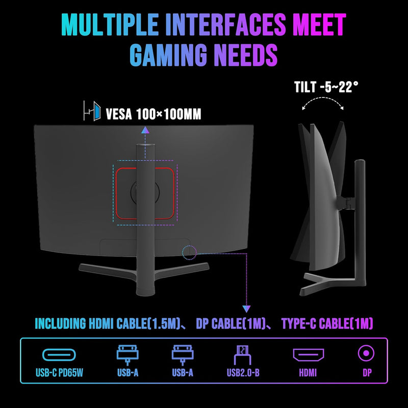 SMART TECH 27” Curved Gaming Monitor – 2K (1920×1080), 165Hz, 1ms MPRT, VA Panel, 1500R Curve, FreeSync, Frameless, HDMI, DisplayPort, Eye-Care, VESA Mount – Black