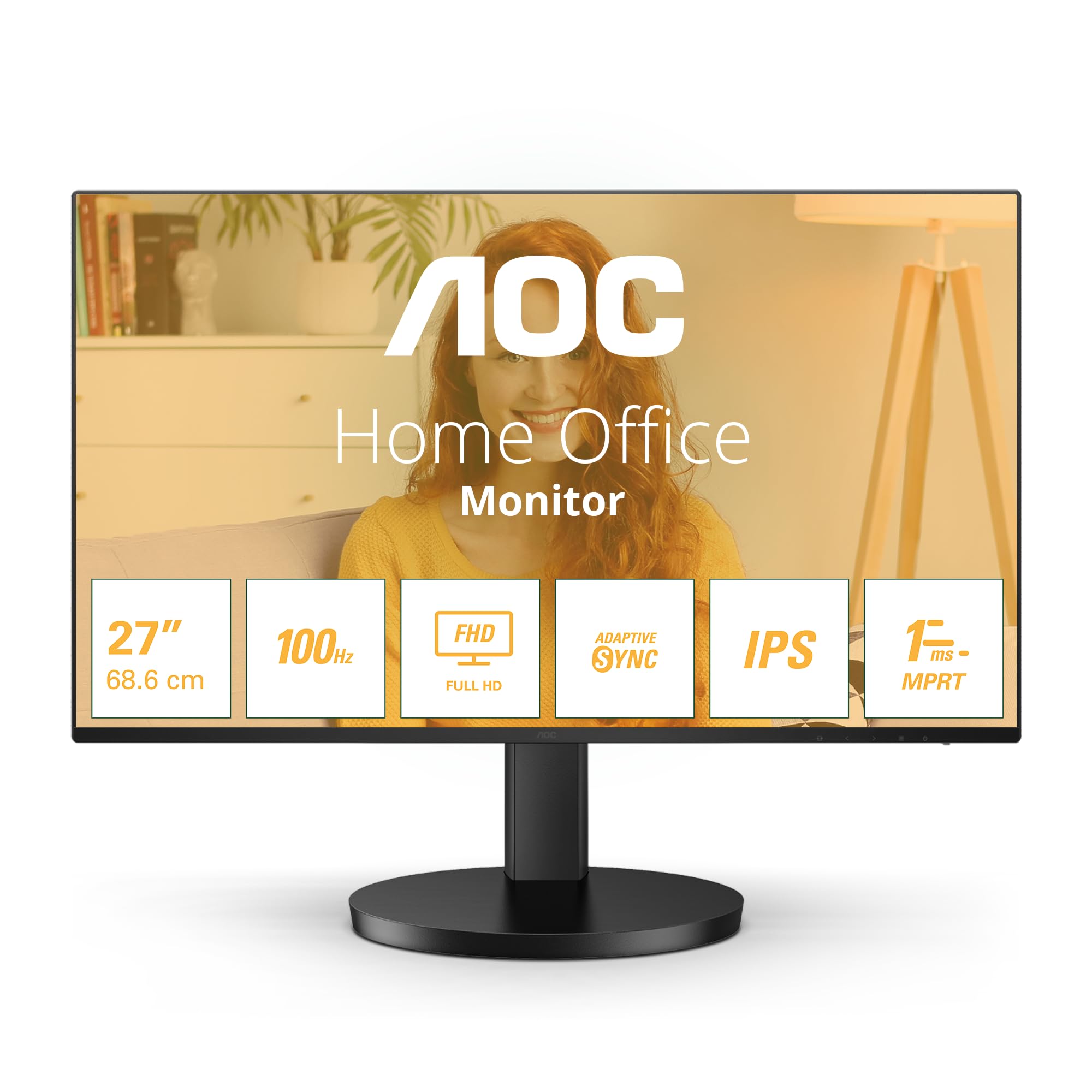 AOC 27B3HA2 27” FHD IPS Monitor – 1920×1080, 100 Hz, 1 ms MPRT, Adaptive‑Sync, 3‑Side Frameless, Built‑in Speakers, Flicker‑Free – Black