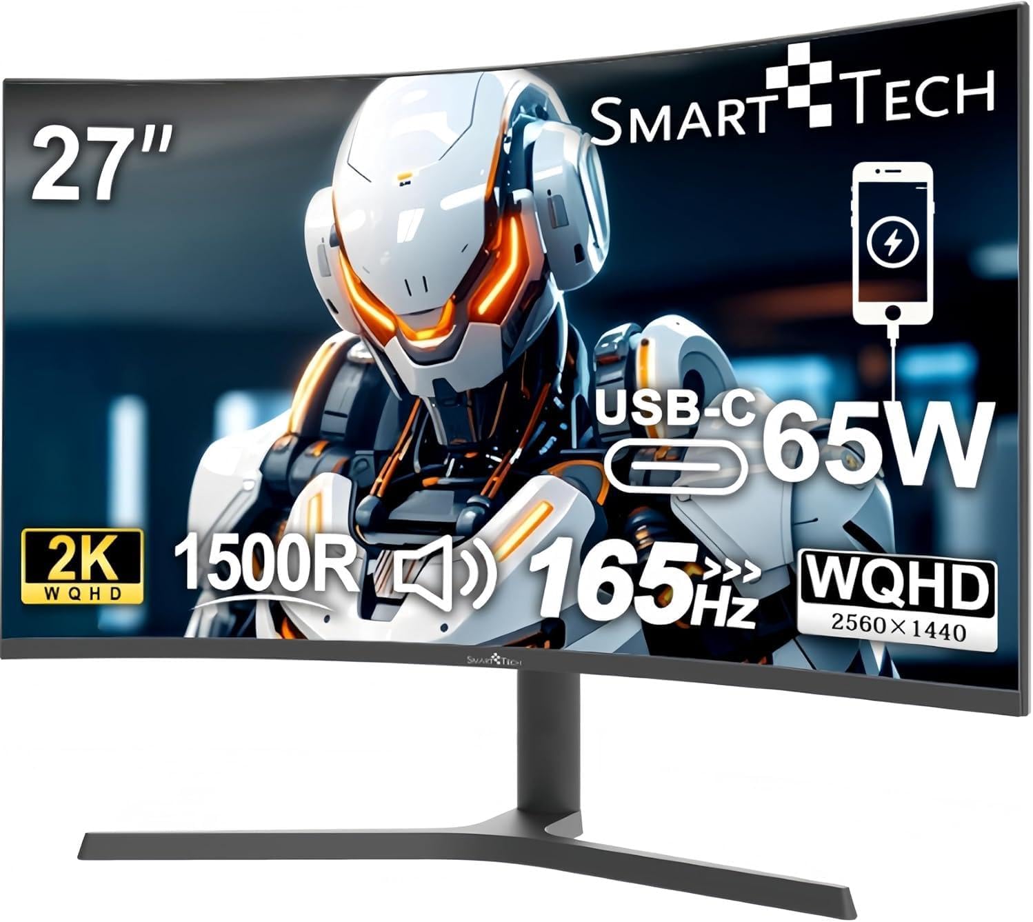 SMART TECH 27” Curved Gaming Monitor – 2K (1920×1080), 165Hz, 1ms MPRT, VA Panel, 1500R Curve, FreeSync, Frameless, HDMI, DisplayPort, Eye-Care, VESA Mount – Black