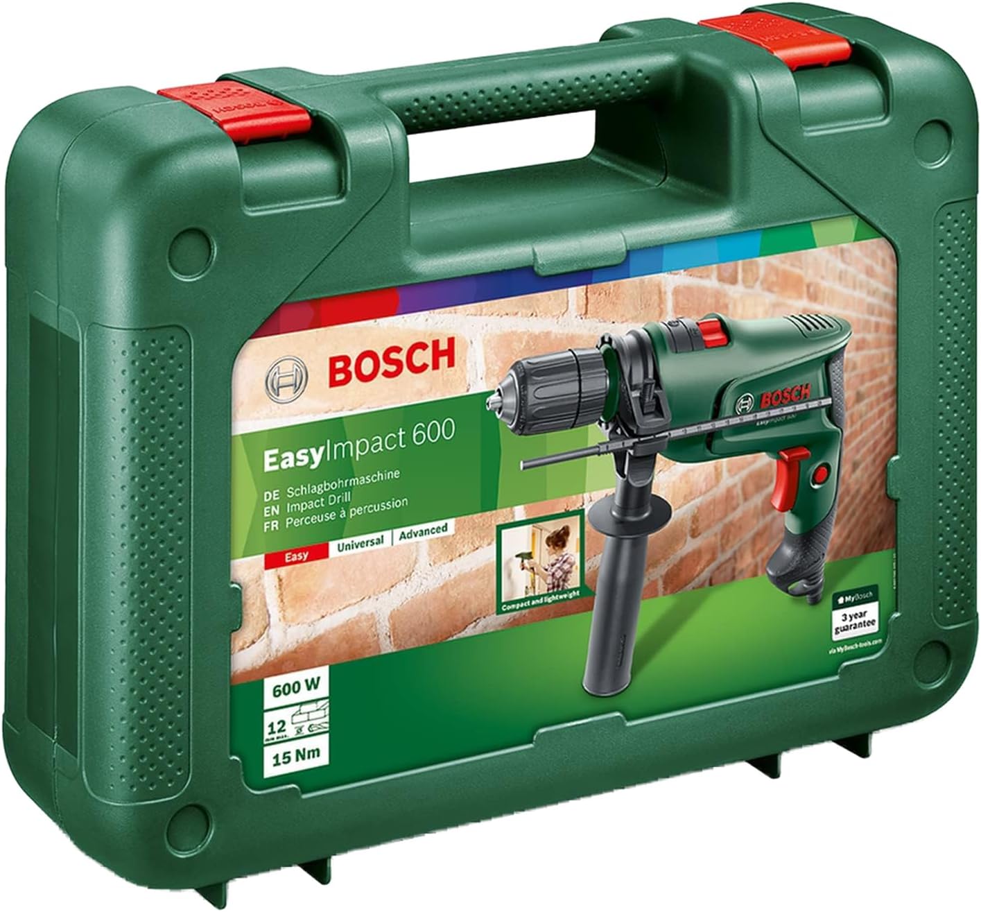 Bosch EasyImpact 600 Electric Hammer Drill, 600W, 1/2 Inch Chuck, Compact & Lightweight Design, Carry Case Included, Green