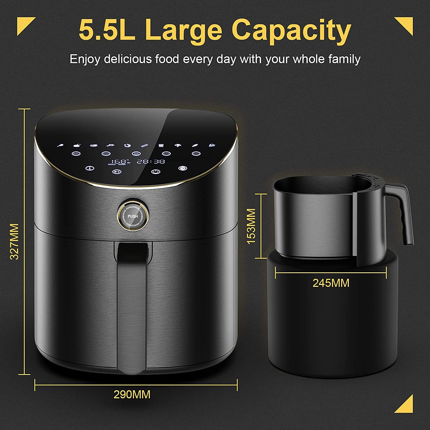 Vpcok Direct 5.5L XXL Air Fryer, 15 Preset Programs, Oil-Free Hot Air Frying, Digital LED Touchscreen, Preheat & Keep Warm Functions