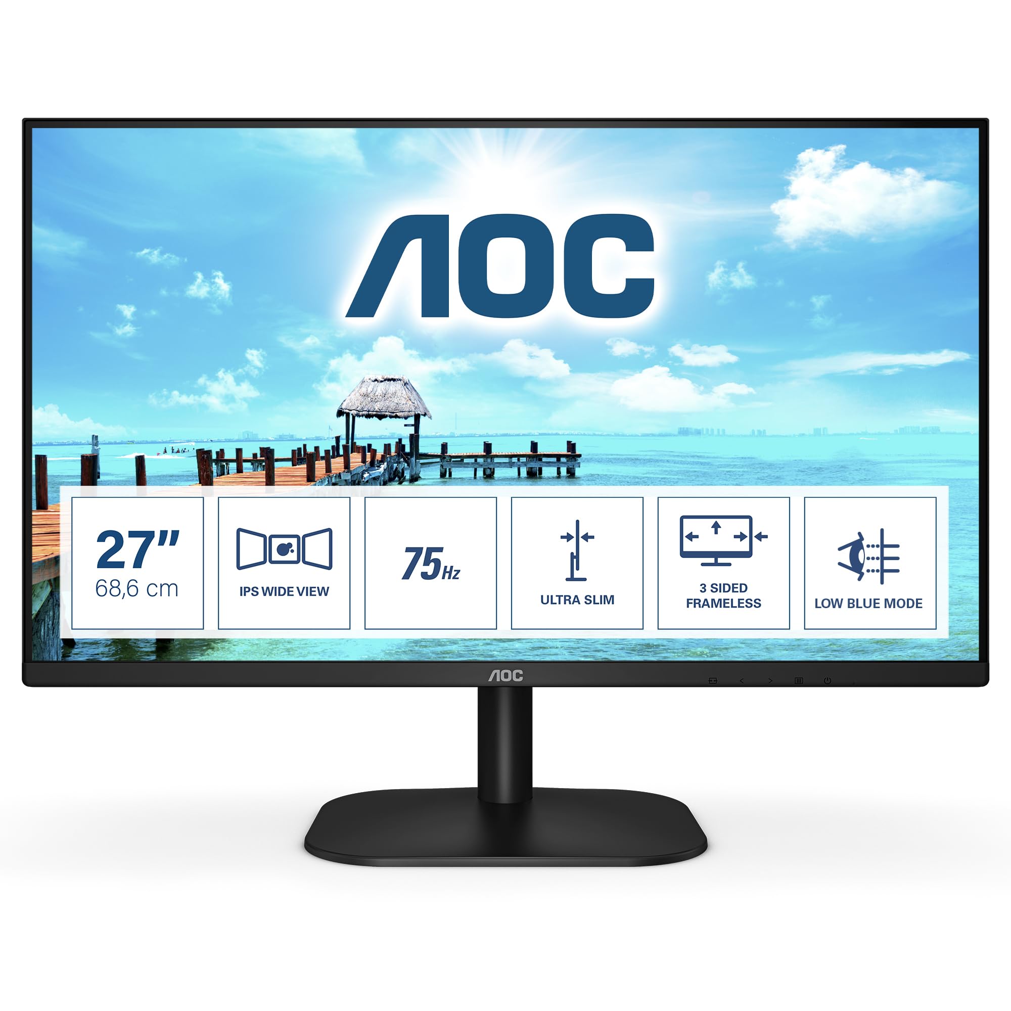 AOC 27B2H 27” FHD IPS Monitor – 1920×1080, 75 Hz, 8 ms GtG, 3‑Side Frameless, Flicker‑Free, Low Blue Mode, VESA Mount – Black