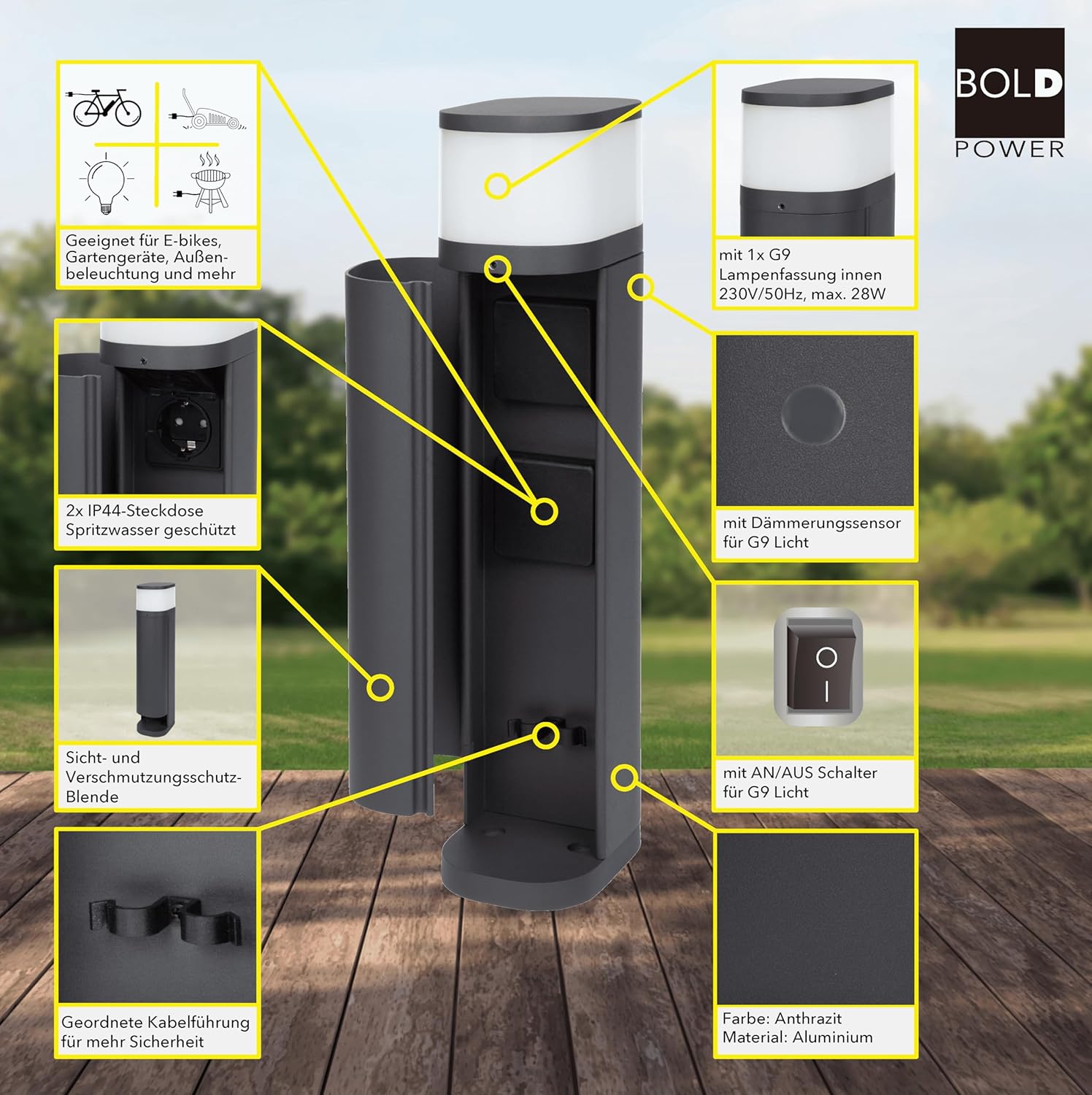 BOLD 19646 Volo Outdoor Garden Socket (Socket Column) Anthracite (2 x Schuko - IP44 Outdoor Socket Tower - 3680 Watt - Twilight Sensor - On/Off Switch - G9 Bulb Included)